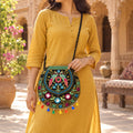 Traditional Peacock Embroidered Sling Jute Purse with Tassels (1 Pc, 25x25 Cm)