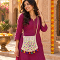 Traditional Floral Embroidered Sling Jute Purse with Tassels (1 Pc, 23x23 Cm)