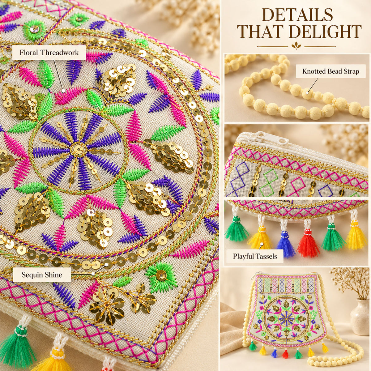Ethnic floral tassel purse women