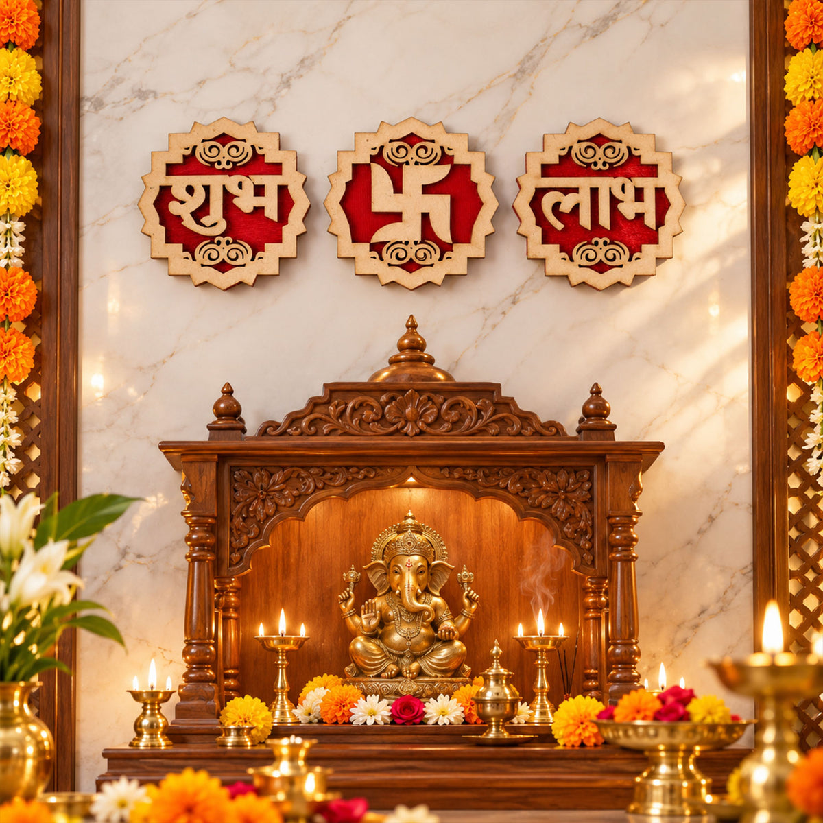 Three decorative wooden and red velvet Shubh Labh Swastik pieces hang above a carved wooden altar with a golden Ganesha idol.