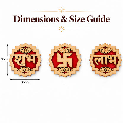 A white background displays the three wooden Shubh Labh Swastik decorations with their dimensions indicated as 7 cm by 7 cm.