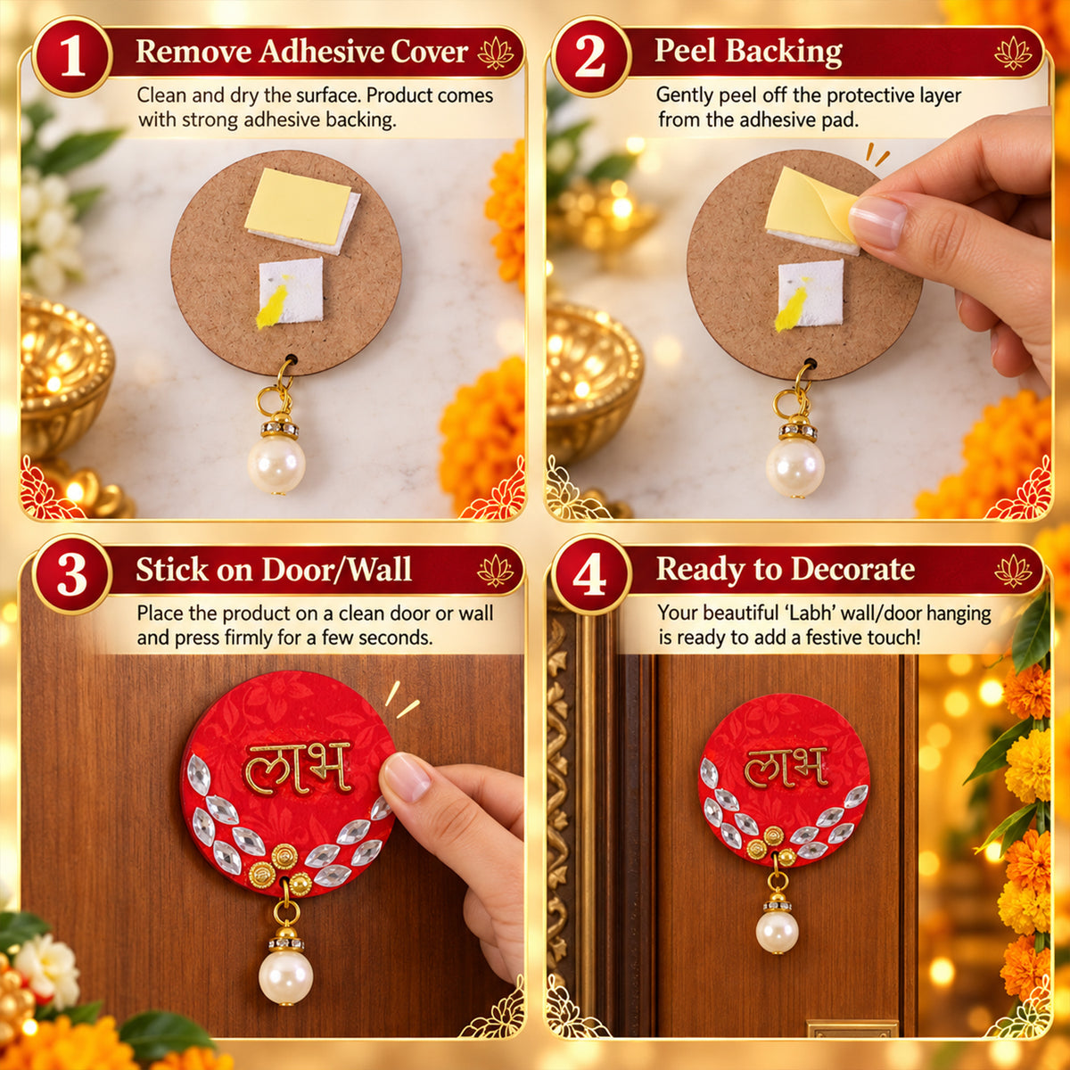 A four-panel instructional image demonstrating how to apply the Shubh Labh decor to a door or wall using its adhesive
