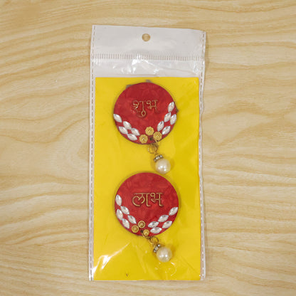 Red Shubh Labh door decor used in a festive home setting