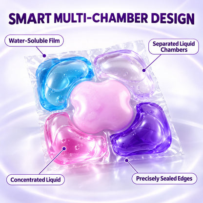 A detailed shot of one detergent pod, emphasizing its glossy liquid chambers and flexible, sealed film.
