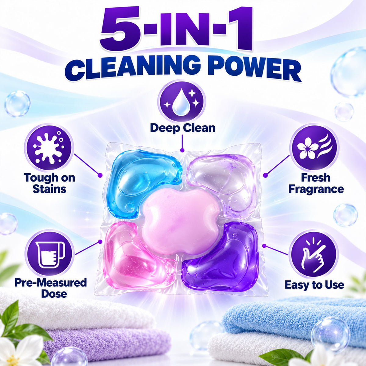 A purple translucent box sits next to a pile of colorful laundry detergent pods on a light wooden surface.