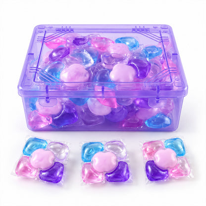 A single detergent pod with four colorful chambers, displayed with approximate dimensions of 4.5 cm by 4.5 cm.