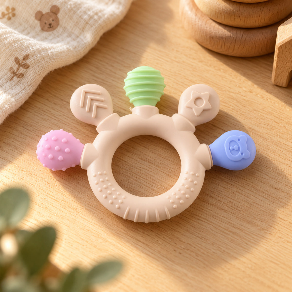 Soft silicone baby teether ring with textured ends 04