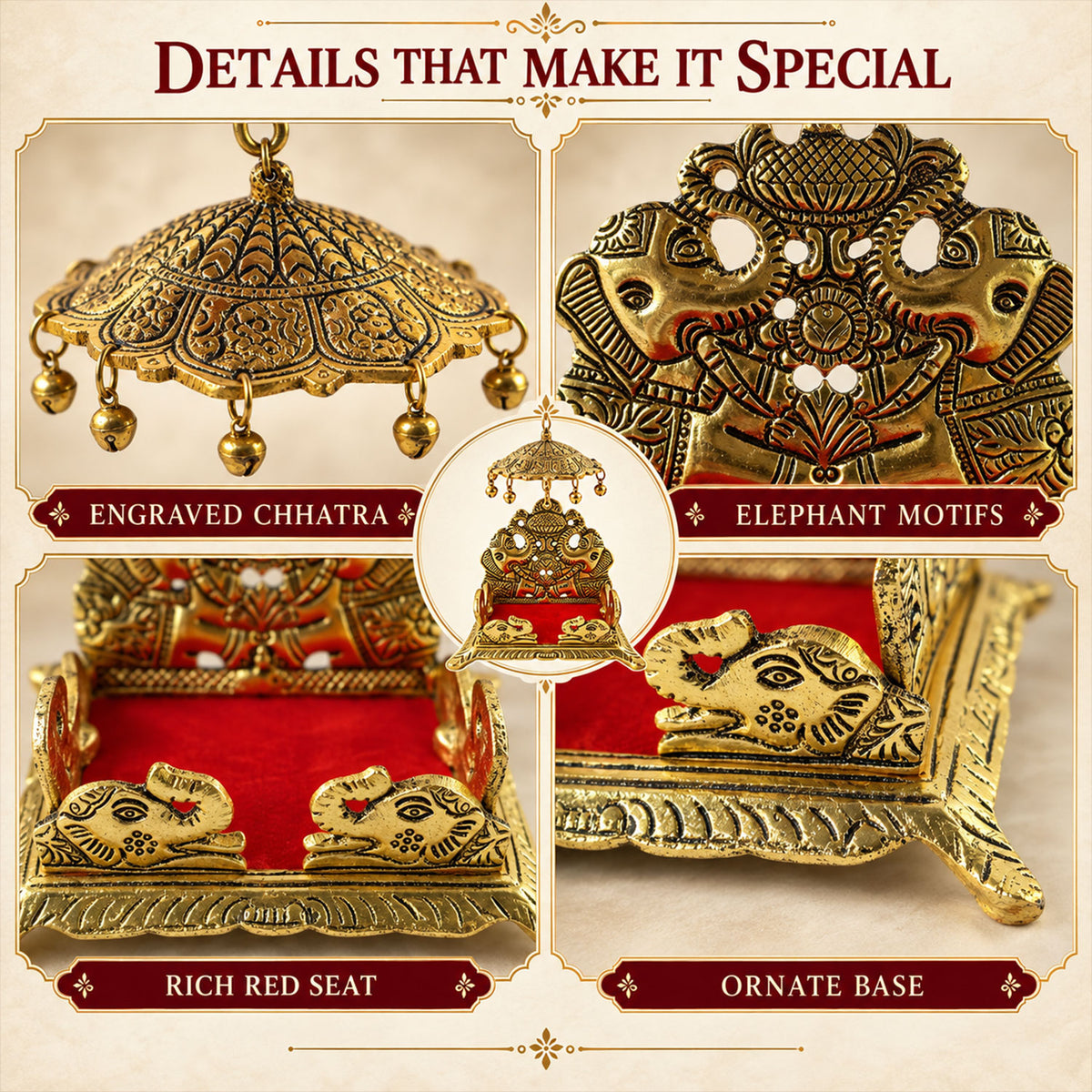 Decorative deity singhasan with elephant motifs, red seat and chhatra, product view 4