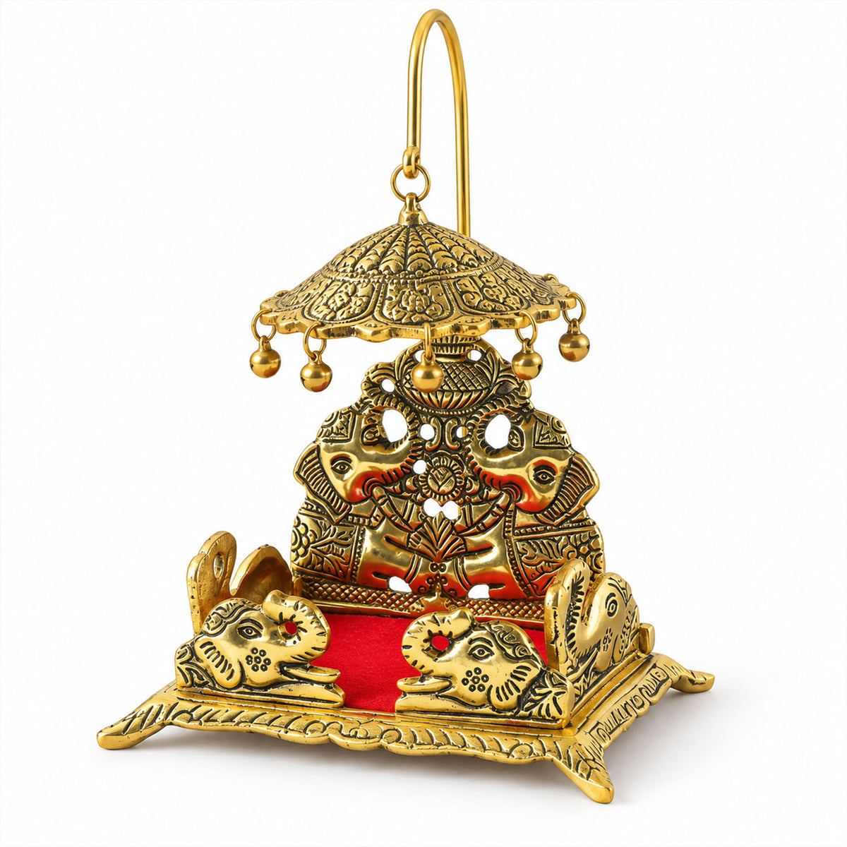 Decorative deity singhasan with elephant motifs, red seat and chhatra, white background view