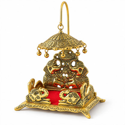 Decorative deity singhasan with elephant motifs, red seat and chhatra, white background view