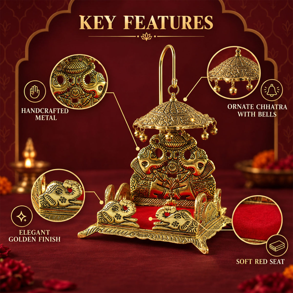 Decorative deity singhasan with elephant motifs, red seat and chhatra, product view 7