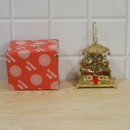 Decorative deity singhasan with elephant motifs, red seat and chhatra, actual product and box photo