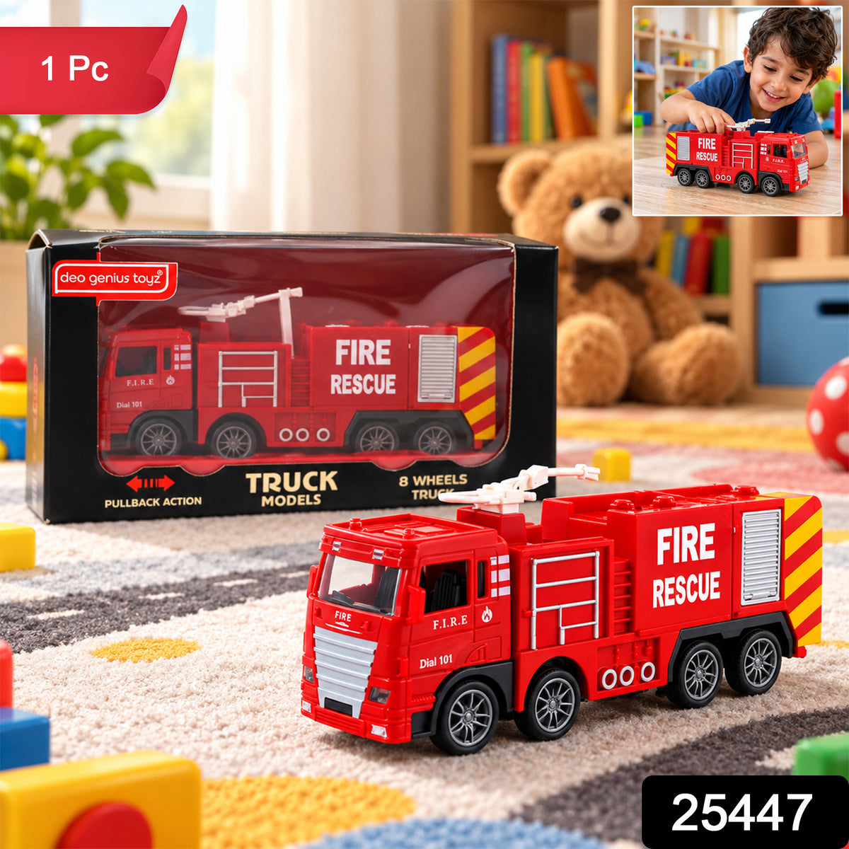 Pullback fire rescue truck toy 1 Pc label
