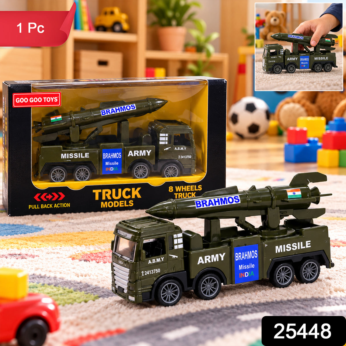 Pullback army truck toy with missile model 1 Pc label