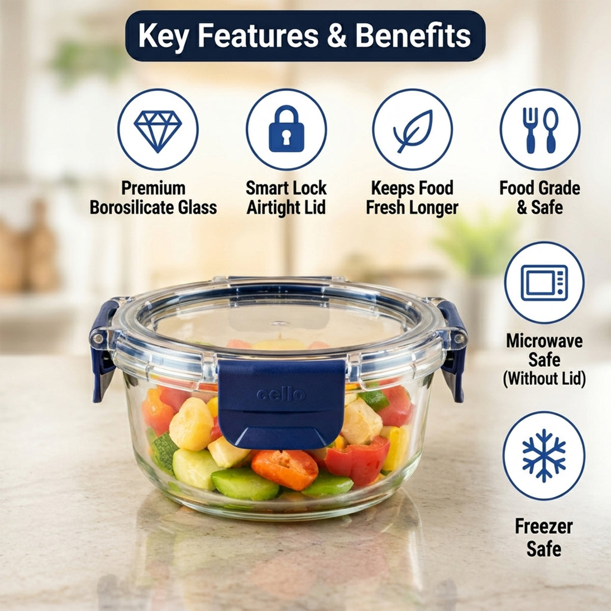 Cello 400ml Round Glass Food Storage Container with Smart Lock Lid (1 Pc)