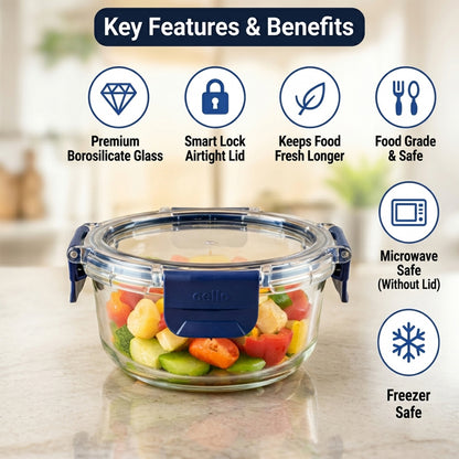 Cello 400ml Round Glass Food Storage Container with Smart Lock Lid (1 Pc)