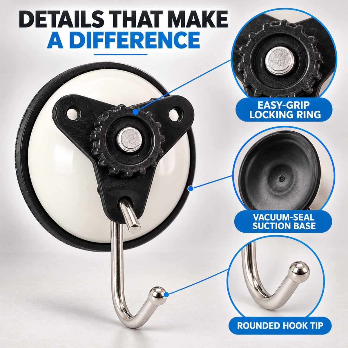 Suction cup snap wall hooks - locking ring and hook tip