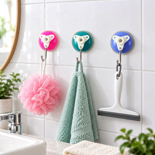 Three vibrant suction cup hooks in pink, teal, and blue, holding a pink loofah, a green towel, and a white squeegee on a