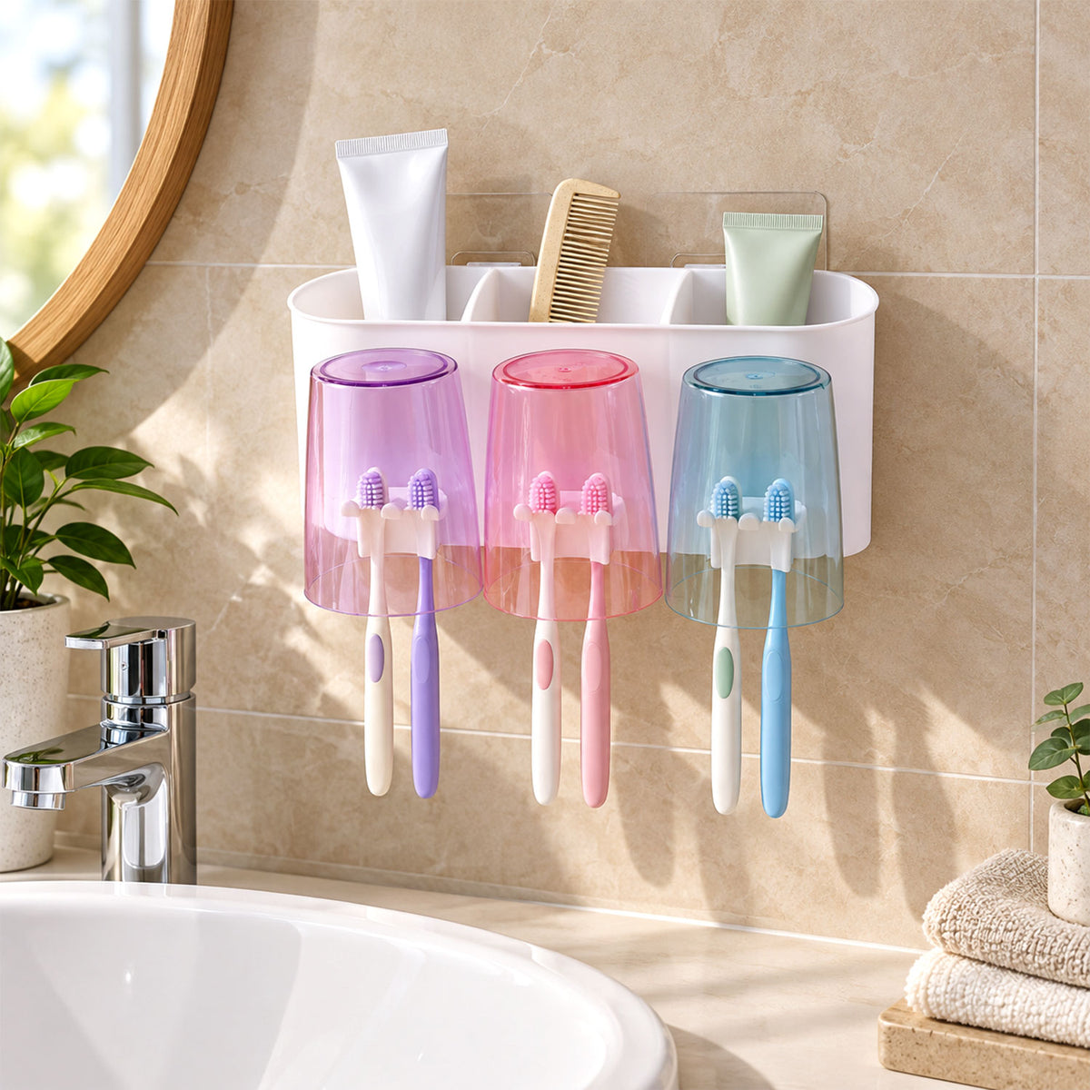 Wall mounted toothbrush holder with three cups - main product photo