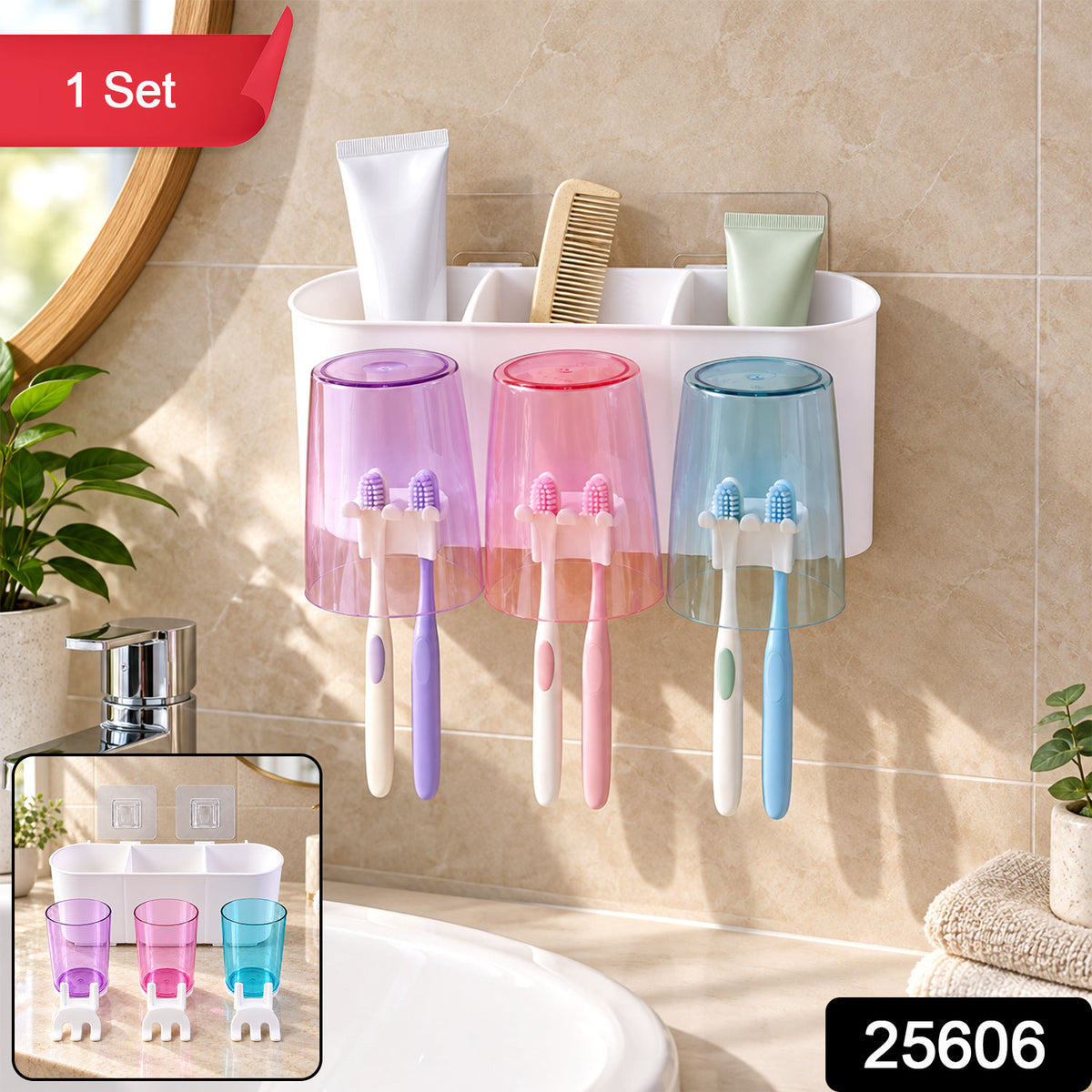 Wall mounted toothbrush holder with three cups - SKU photo
