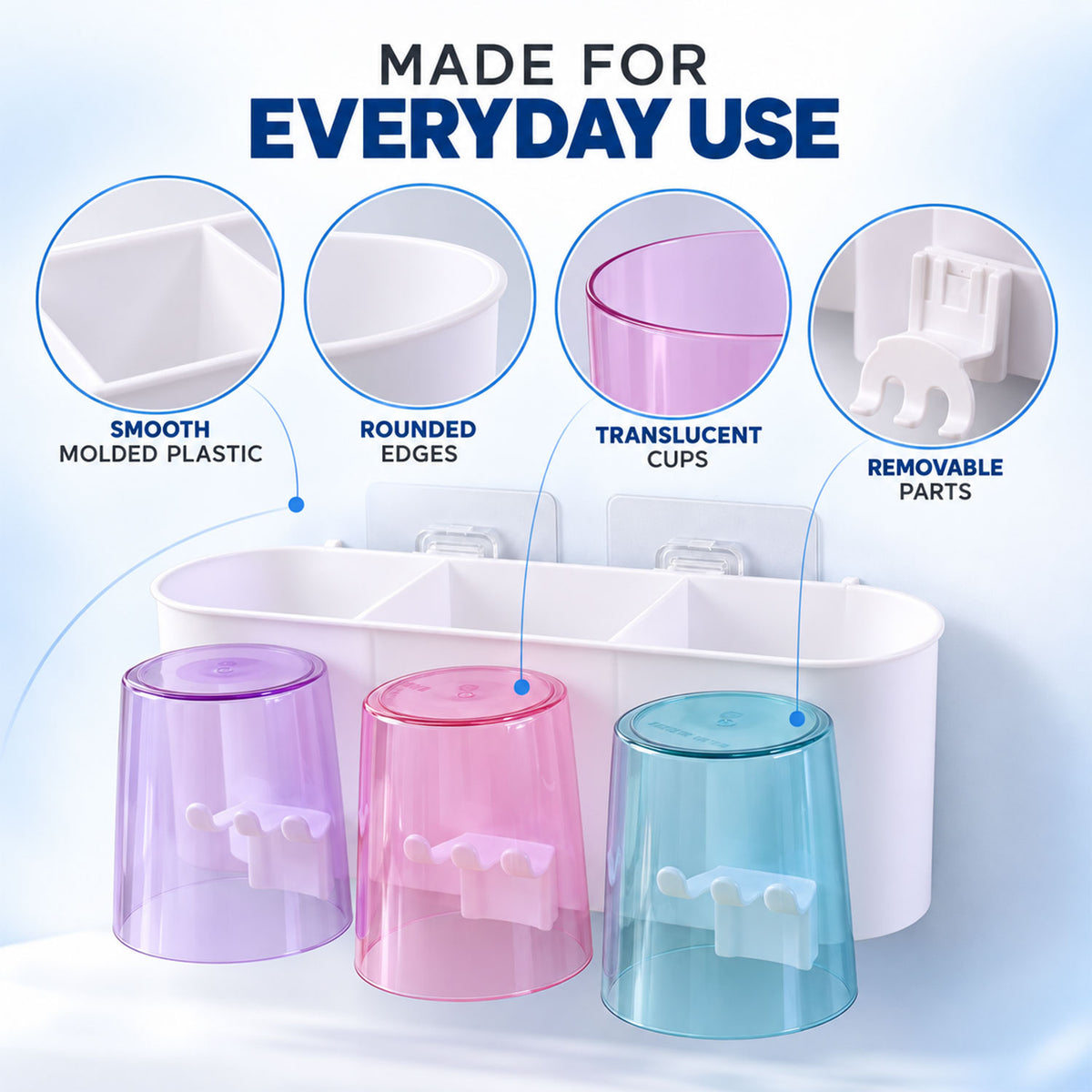Wall mounted toothbrush holder with three cups - product view 3