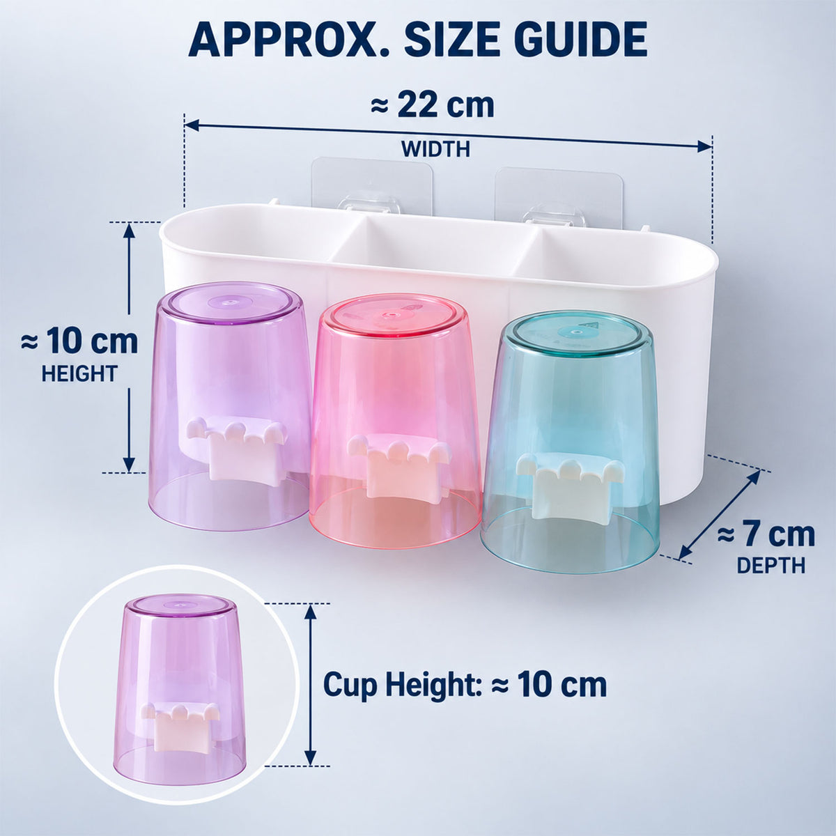 Wall mounted toothbrush holder with three cups - dimensions