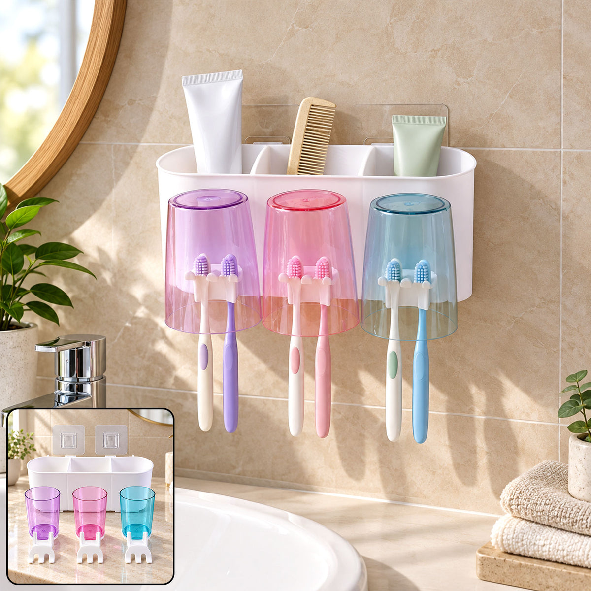 Wall mounted toothbrush holder with three cups - product view 7