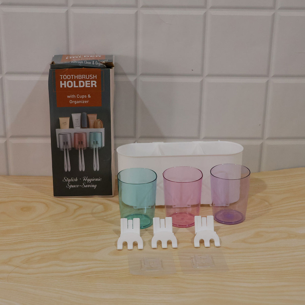 Wall mounted toothbrush holder with three cups - actual product packaging
