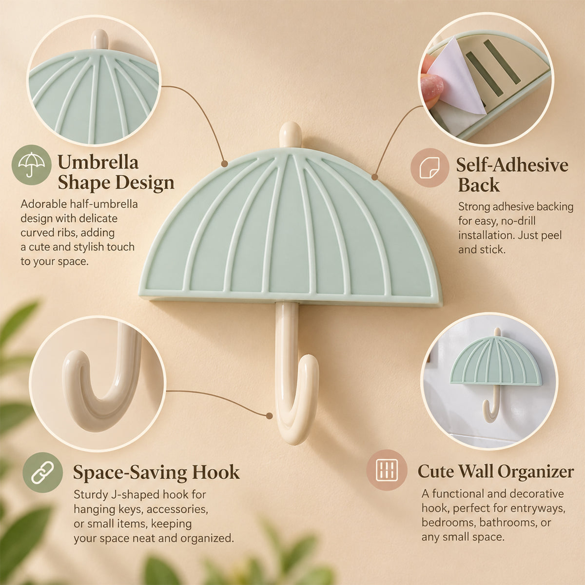 Umbrella design adhesive wall hook view 06