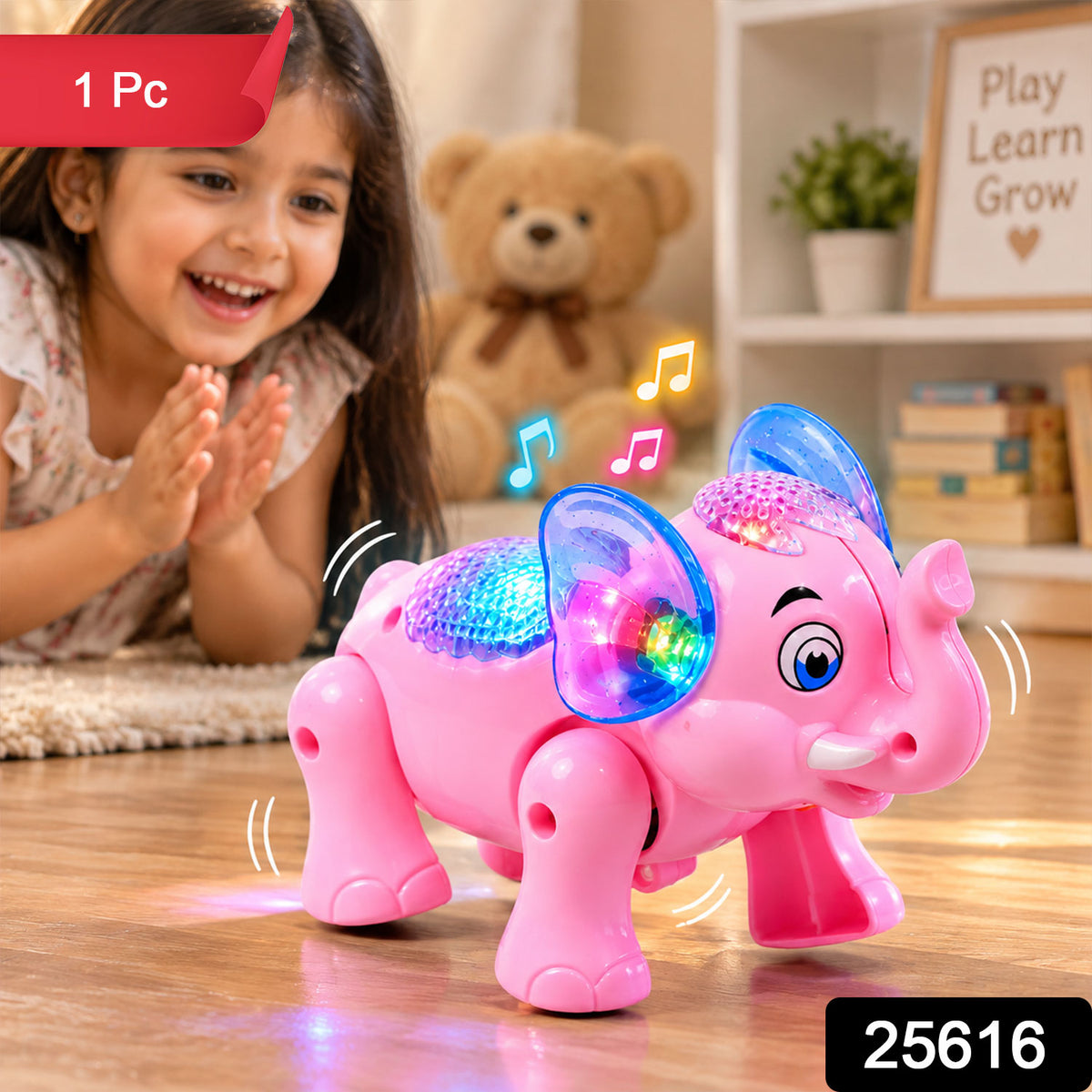Musical Elephant Toy with Colourful Lights for Fun Indoor Playtime (1 Pc)