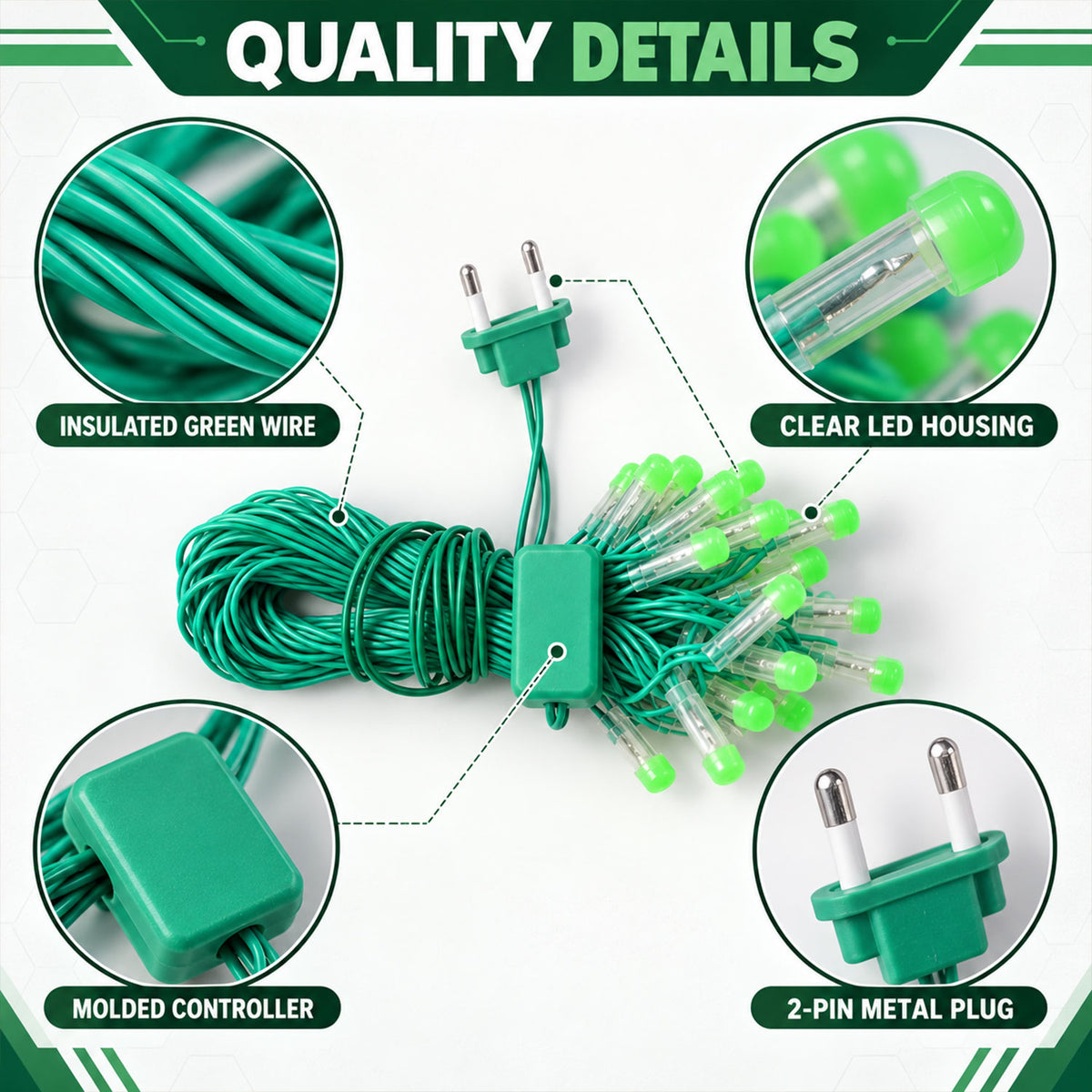Green LED string lights - wire and plug details
