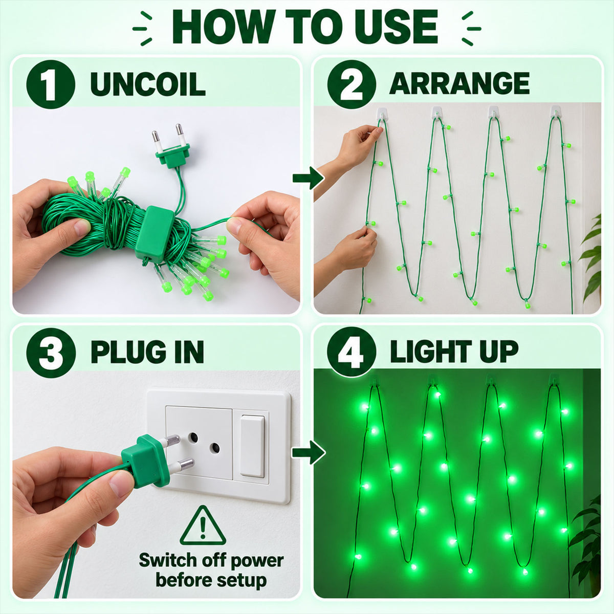 Green LED string lights - setup instructions
