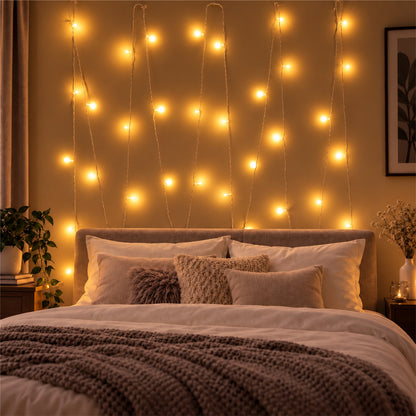 Yellow string lights plug detail