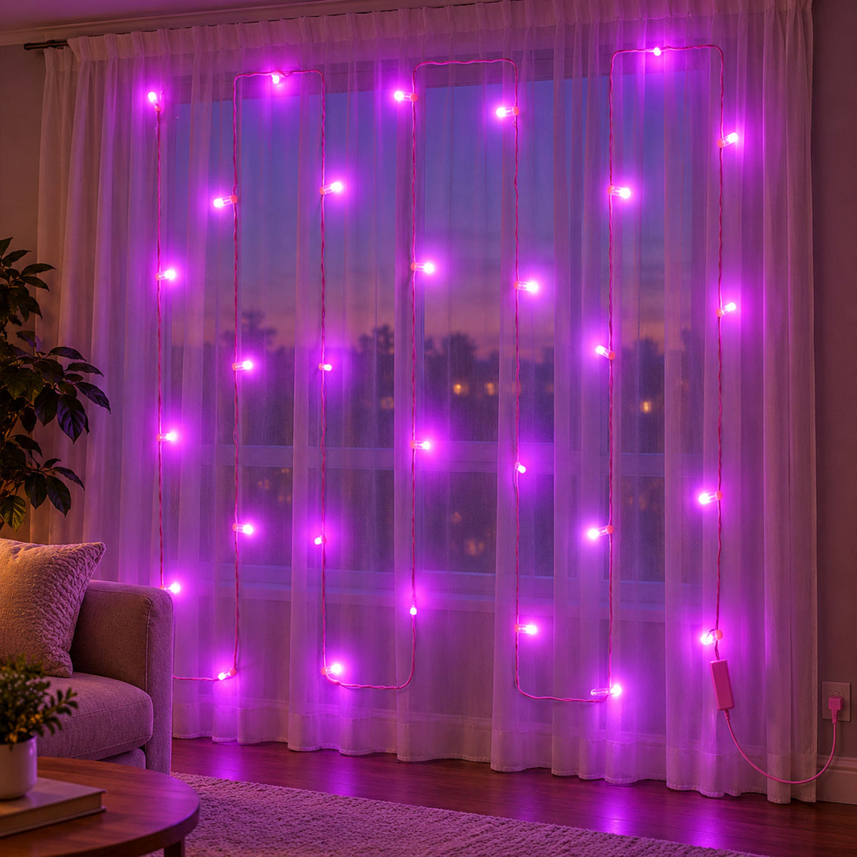 Pink wire LED curtain string lights - main display