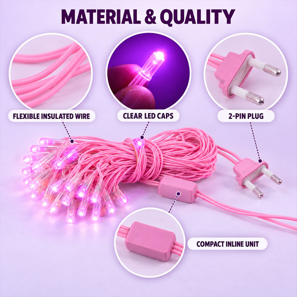 Pink wire LED curtain string lights - wire and plug details