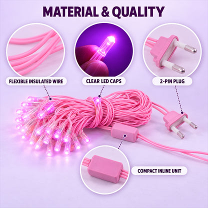 Pink wire LED curtain string lights - wire and plug details
