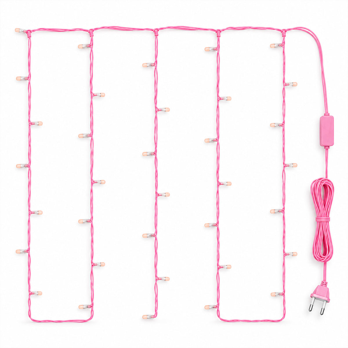 Pink wire LED curtain string lights - white background