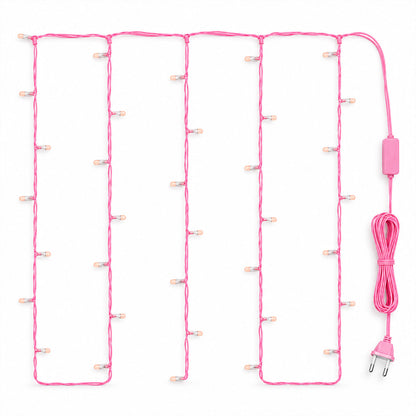 Pink wire LED curtain string lights - white background