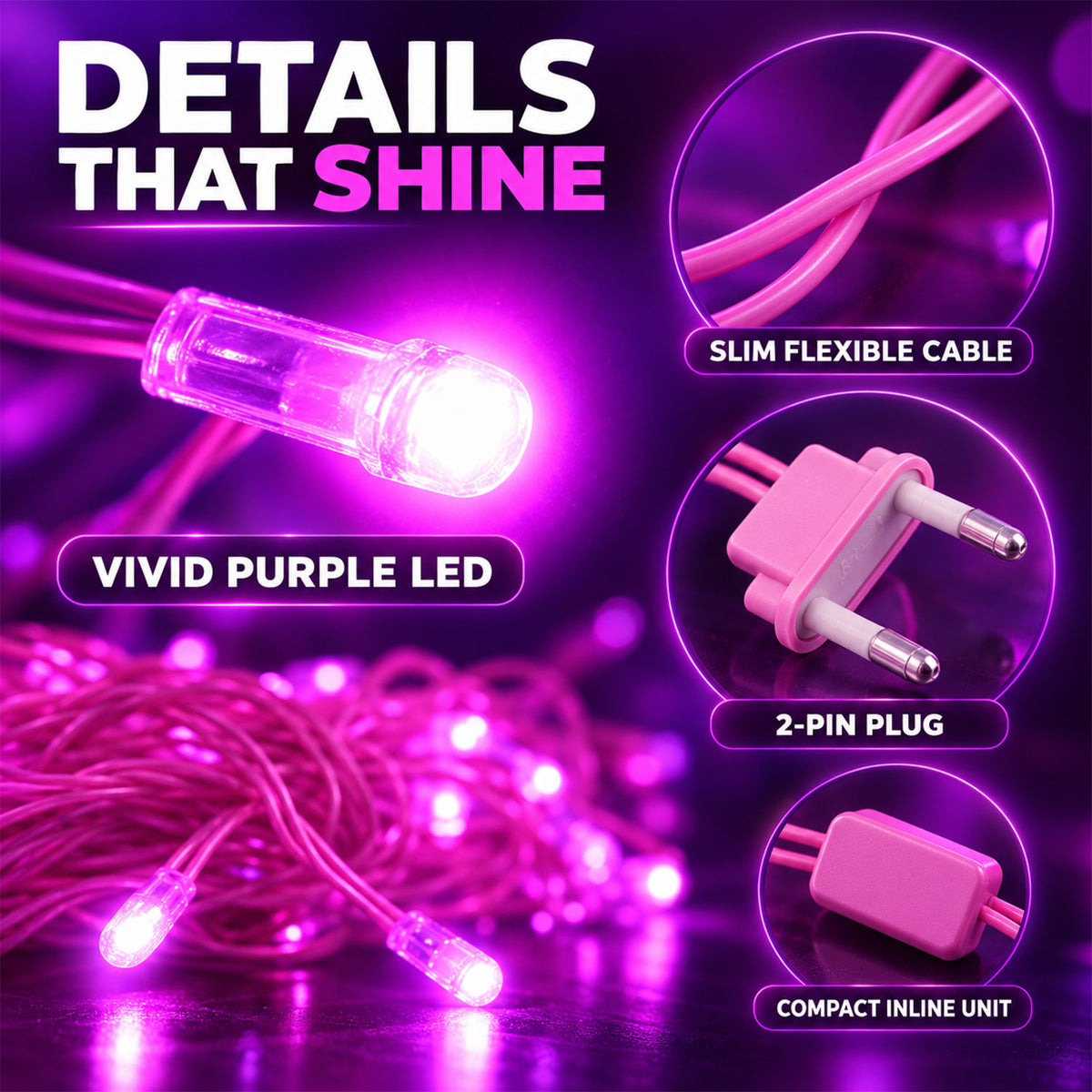 Pink wire LED curtain string lights - LED details
