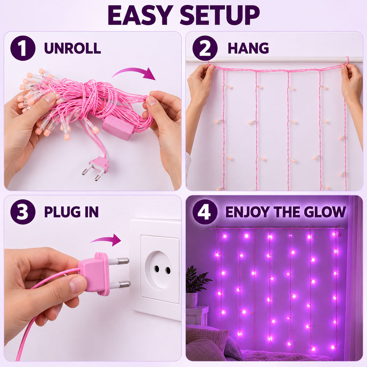 Pink wire LED curtain string lights - setup instructions