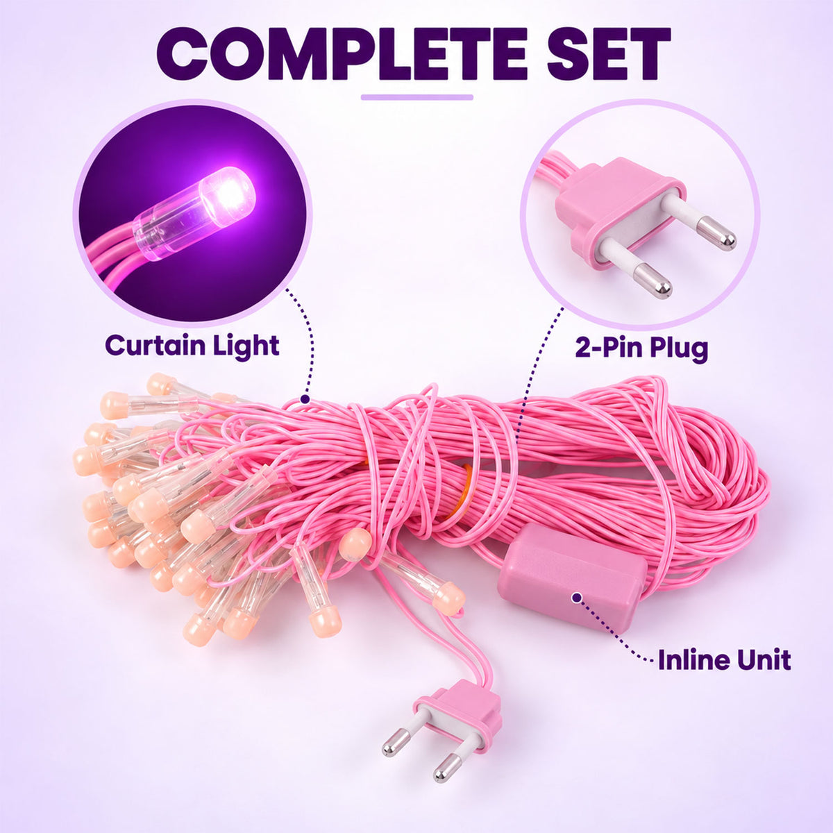 Pink wire LED curtain string lights - complete light set