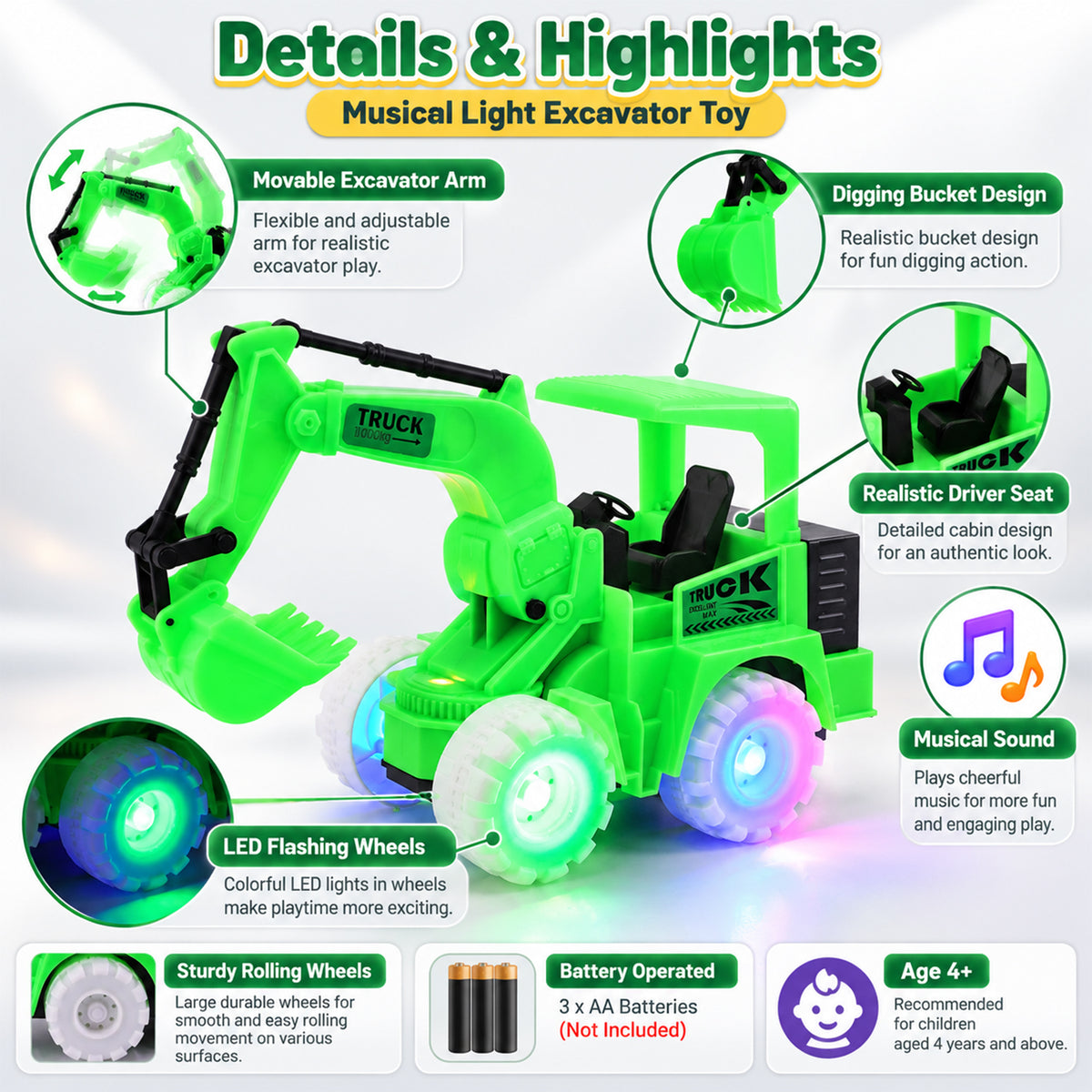 Musical excavator truck toy with RGB lights - product view 3