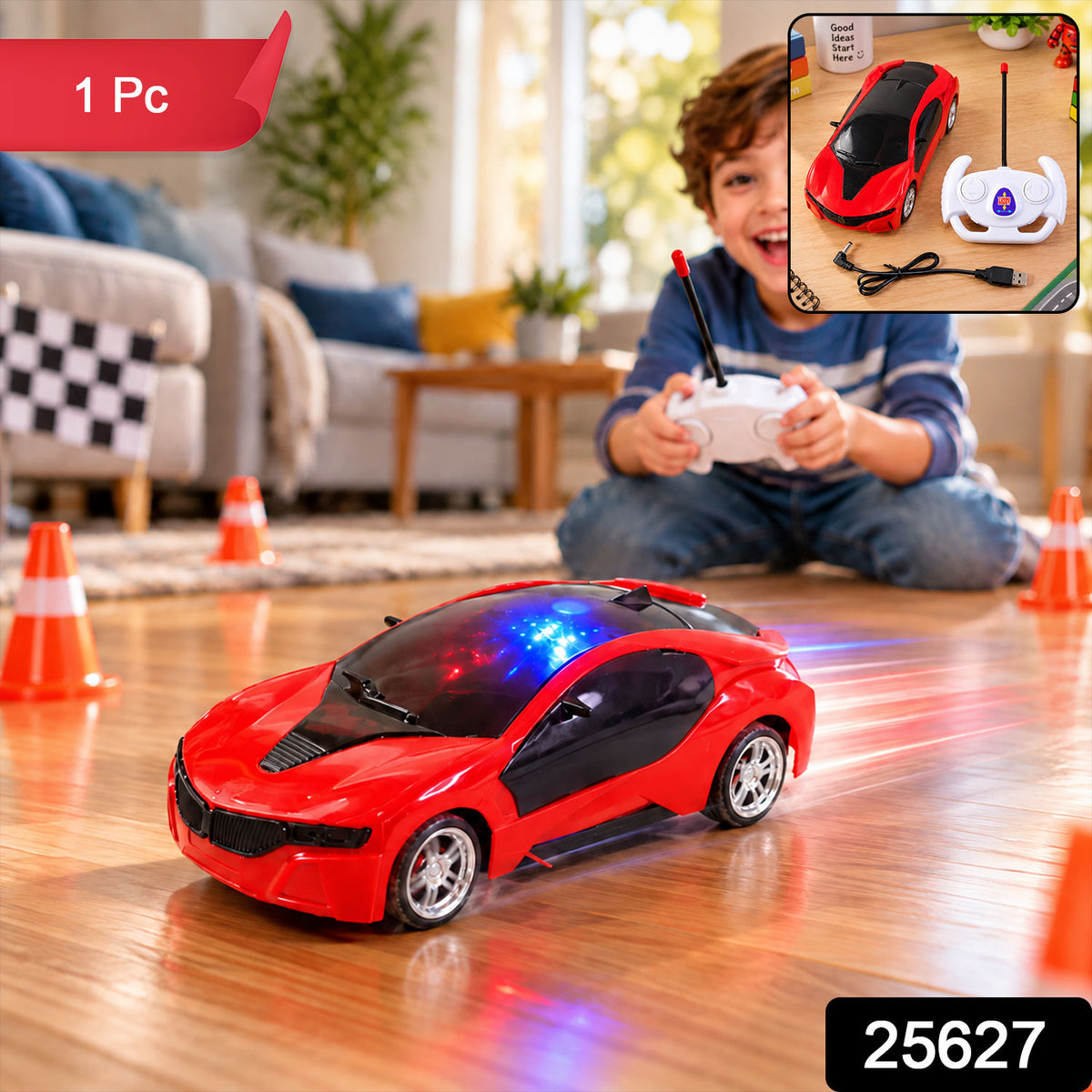 Rechargeable RC Sports Car Toy with 3D Sparkling LED Lights for Kids (1 Pc)