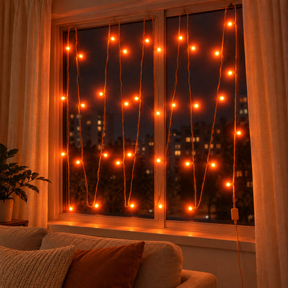 Orange LED curtain string lights - main display