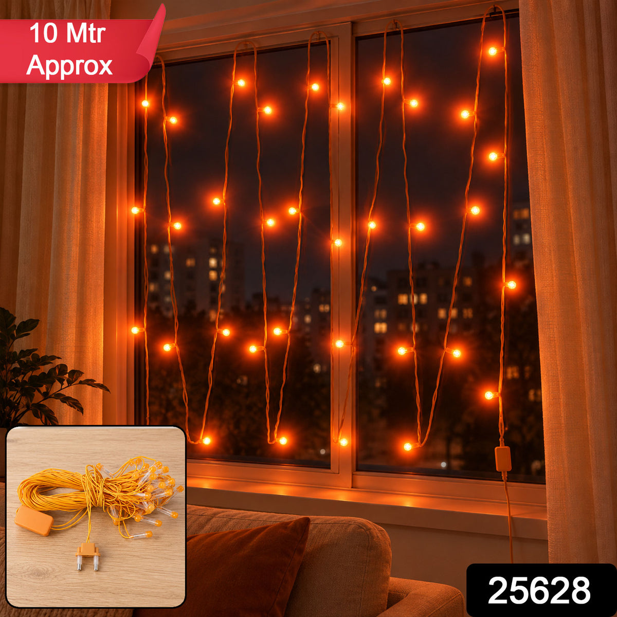 Orange LED curtain string lights - SKU and approximate length