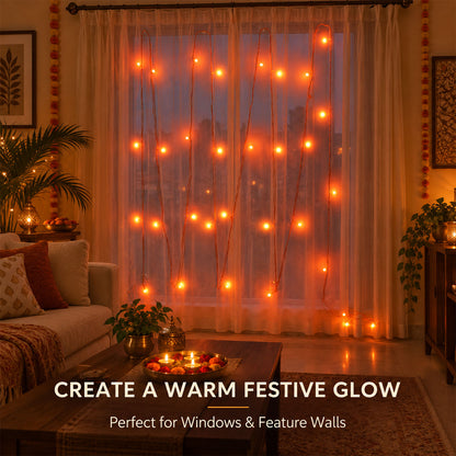 Orange LED curtain string lights - window display