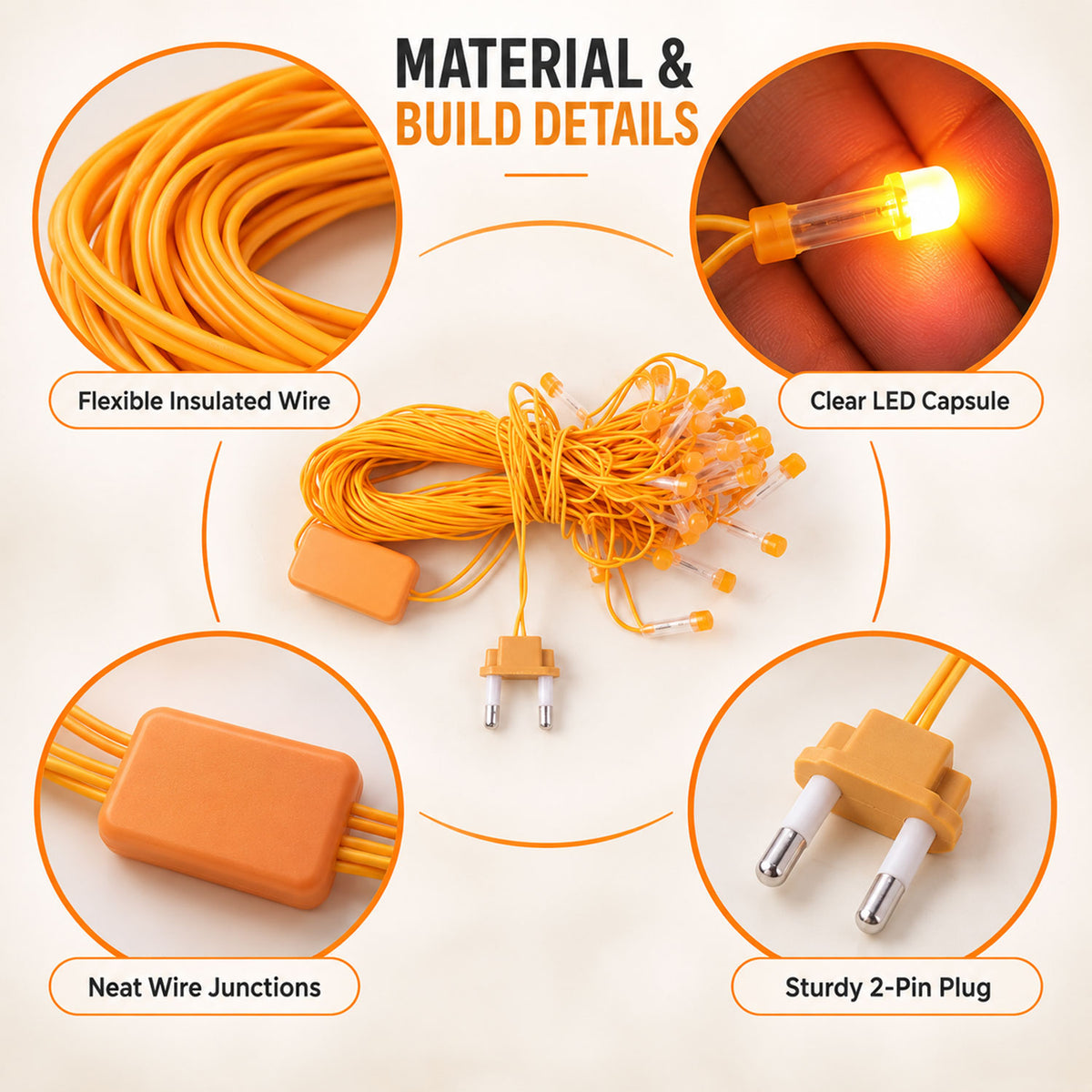 Orange LED curtain string lights - wire and plug details
