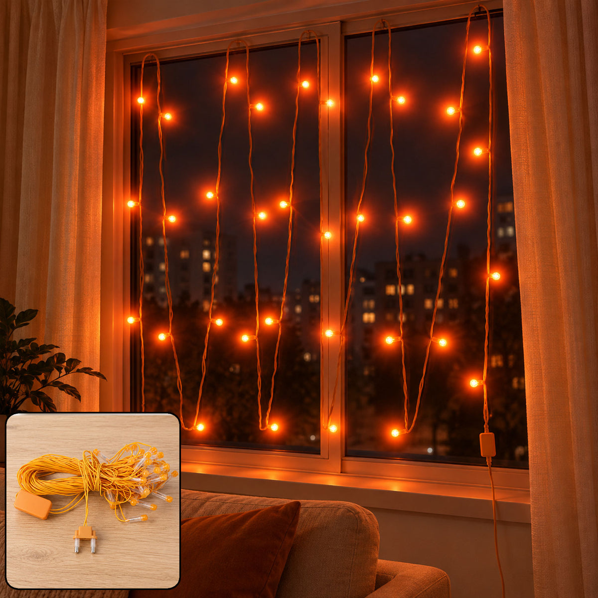 Orange LED curtain string lights - product inset
