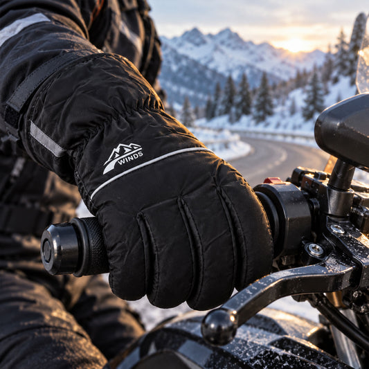 A person wearing a black winter glove with a white logo and reflective stripe, gripping a motorcycle handlebar on a snowy