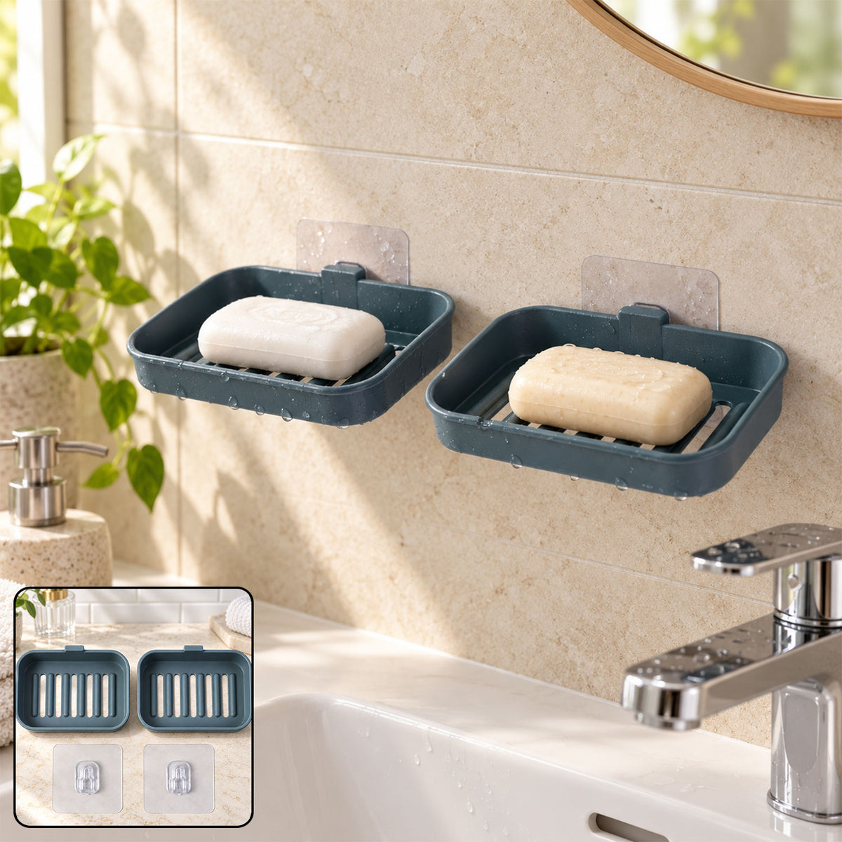 Wall mounted draining soap dish set - installed display